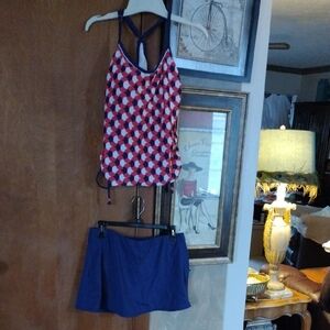 Geometric Patterned Tankini Top and Navy Skirt